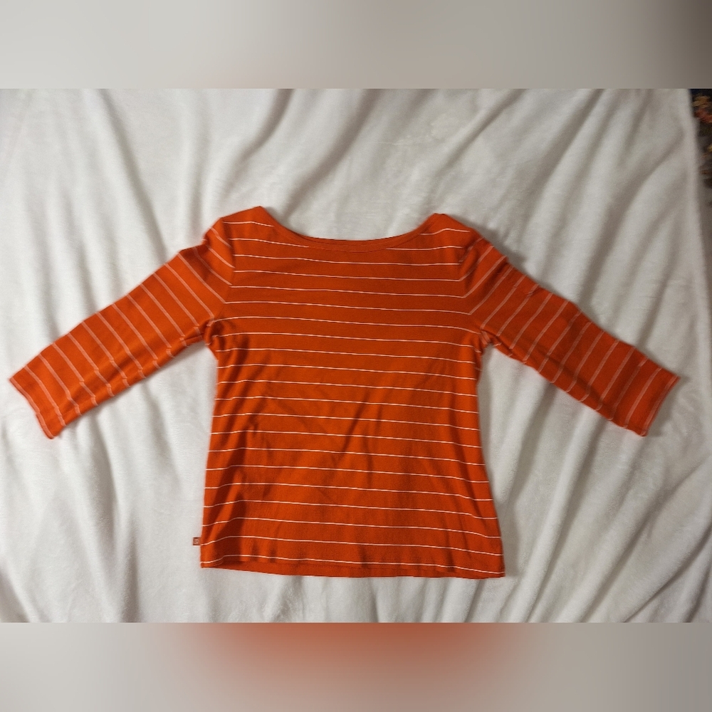 Chaps Women’s Orange White Striped 3/4 Sleeve Top XL 100% Cotton Casual Tee